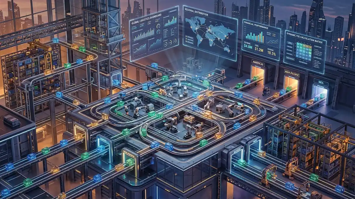 Automated fulfillment robotics facility splitting inventory crates across regional fulfillment center hubs