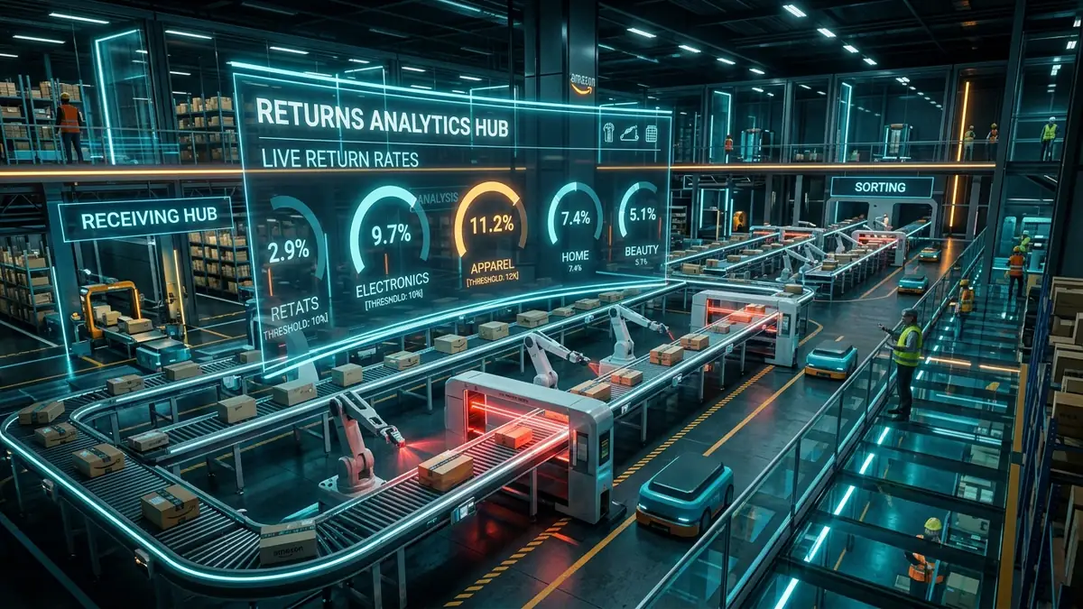 Futuristic automated Amazon fulfillment returns inspection center with robotic parcel conveyors and real-time category threshold telemetry