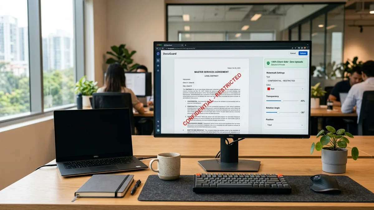 Modern workstation setup showing offline PDF watermarking interface with zero cloud egress